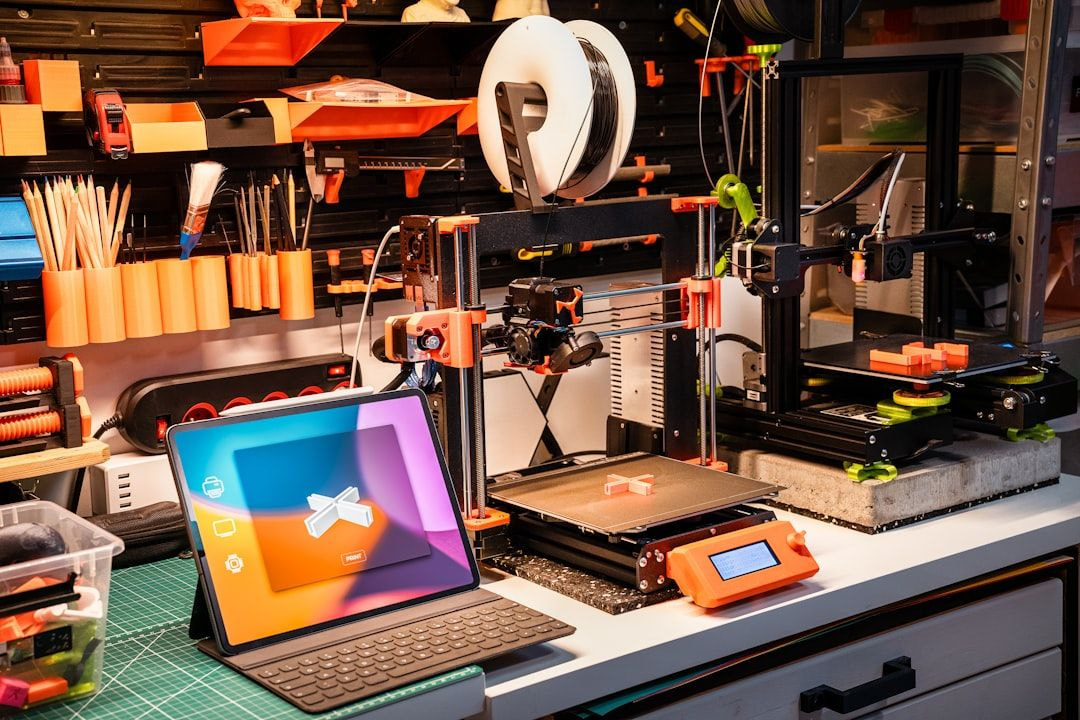 Explore a creative 3D printing workspace with dual printers, vibrant tablet interface, and organized tools, highlighting the Sovol SV08's precision and innovation. Explore a creative 3D printing workspace with dual printers, vibrant tablet interface, and organized tools, highlighting the Sovol SV08's precision and innovation.